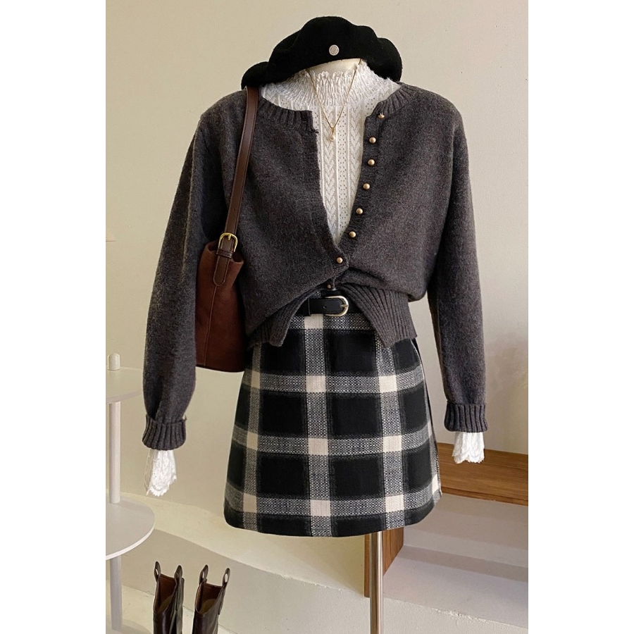 高级气质方格撞色咖色格子毛呢短裙女秋冬高腰包臀A字复古半身裙