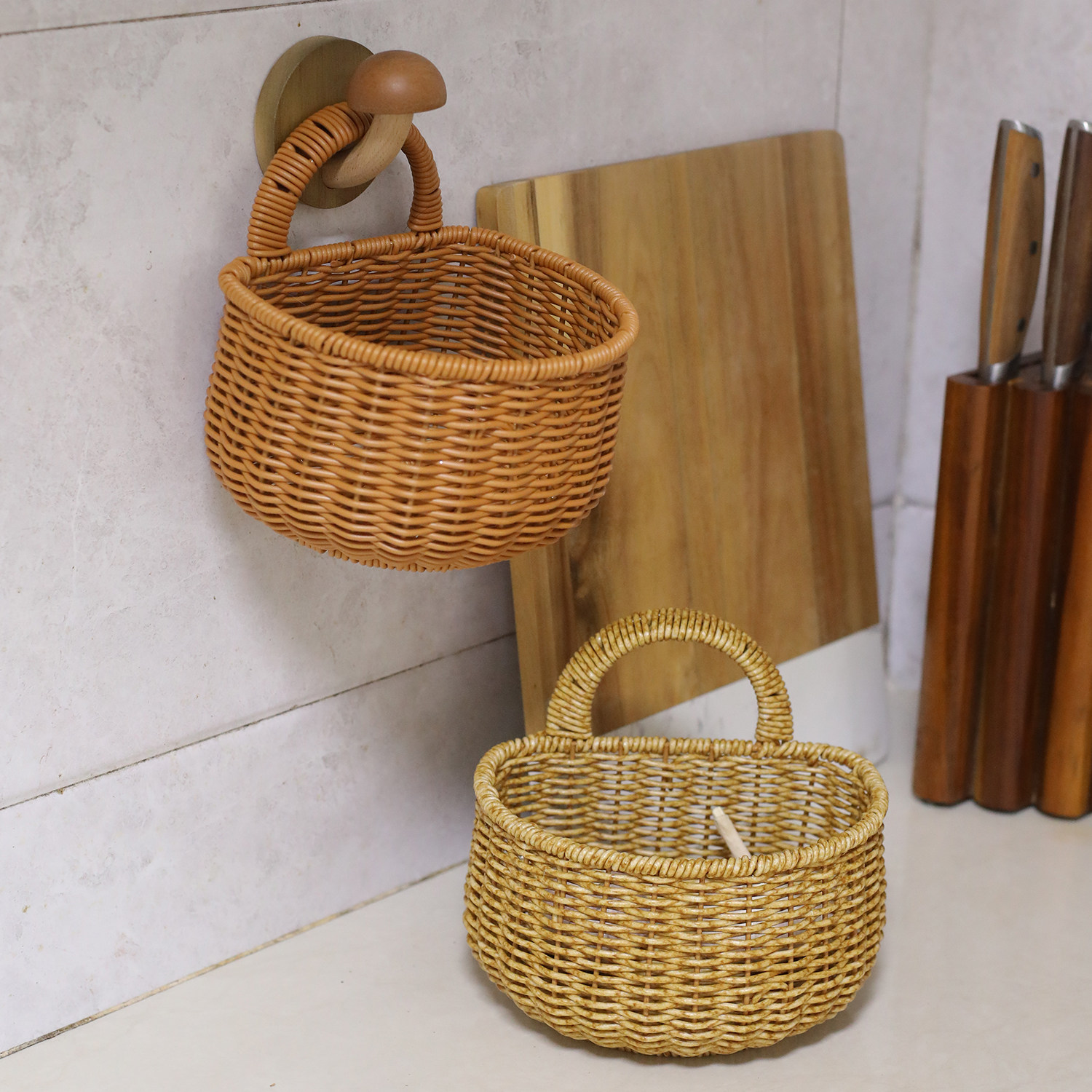 桂味源厨房葱姜蒜收纳筐壁挂仿藤编织篮复古手提家用小篮子花篮,收纳整理,挂篮,淘宝优惠券,粉丝福利购,淘宝优惠卷
