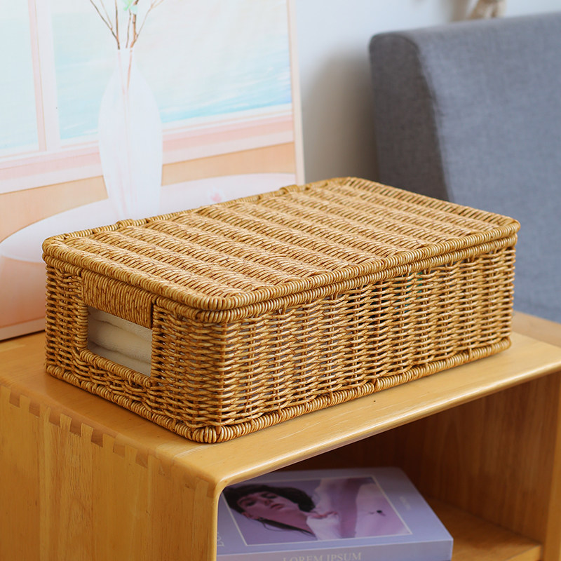 桌面收纳盒仿藤编收纳箱家用客厅编织筐带盖床头柜置物整理储物筐