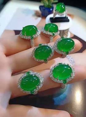 厂家 925镀银镶嵌高冰帝王绿玉髓新款女戒绿玛瑙玉石女款戒指