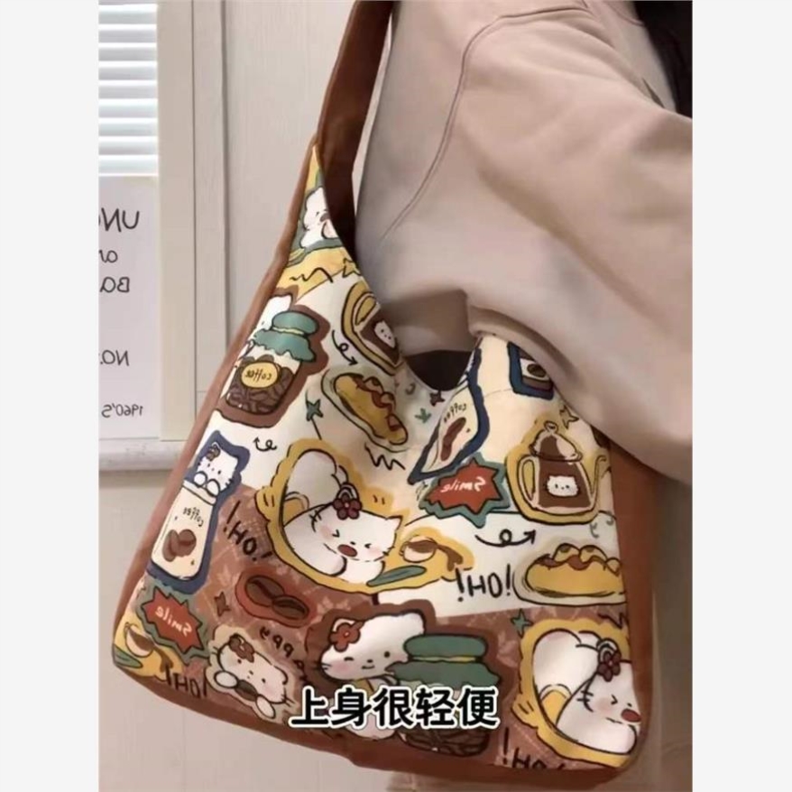 新款可爱小猫单肩包百搭大容量学生帆布包通勤托特外出女包手提包