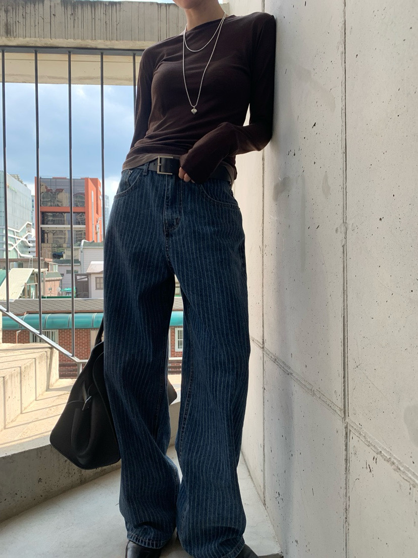 TRUE韩国正品小众设计师品牌25新款系扣竖纹口袋休闲简约牛仔裤女