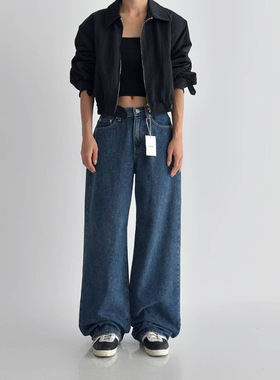 OH YEAH韩国代购正品2025秋冬新款深蓝色休闲直筒牛仔裤女