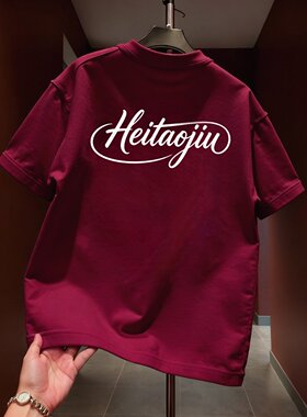 高端重磅纯棉英文印花白色T恤青少年2026新款夏季红色短袖体恤男