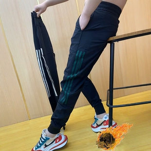加绒2024秋冬季潮牌三条杠休闲裤子男士九分裤修身帅气百搭小脚裤