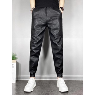 新款 子防风防水保暖长裤 男士 加厚加绒直筒男裤 休闲机车皮裤 秋冬季