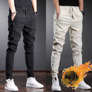 加绒韩版修身弹力休闲裤子男士秋冬季痞帅百搭潮流帅气条纹小脚裤