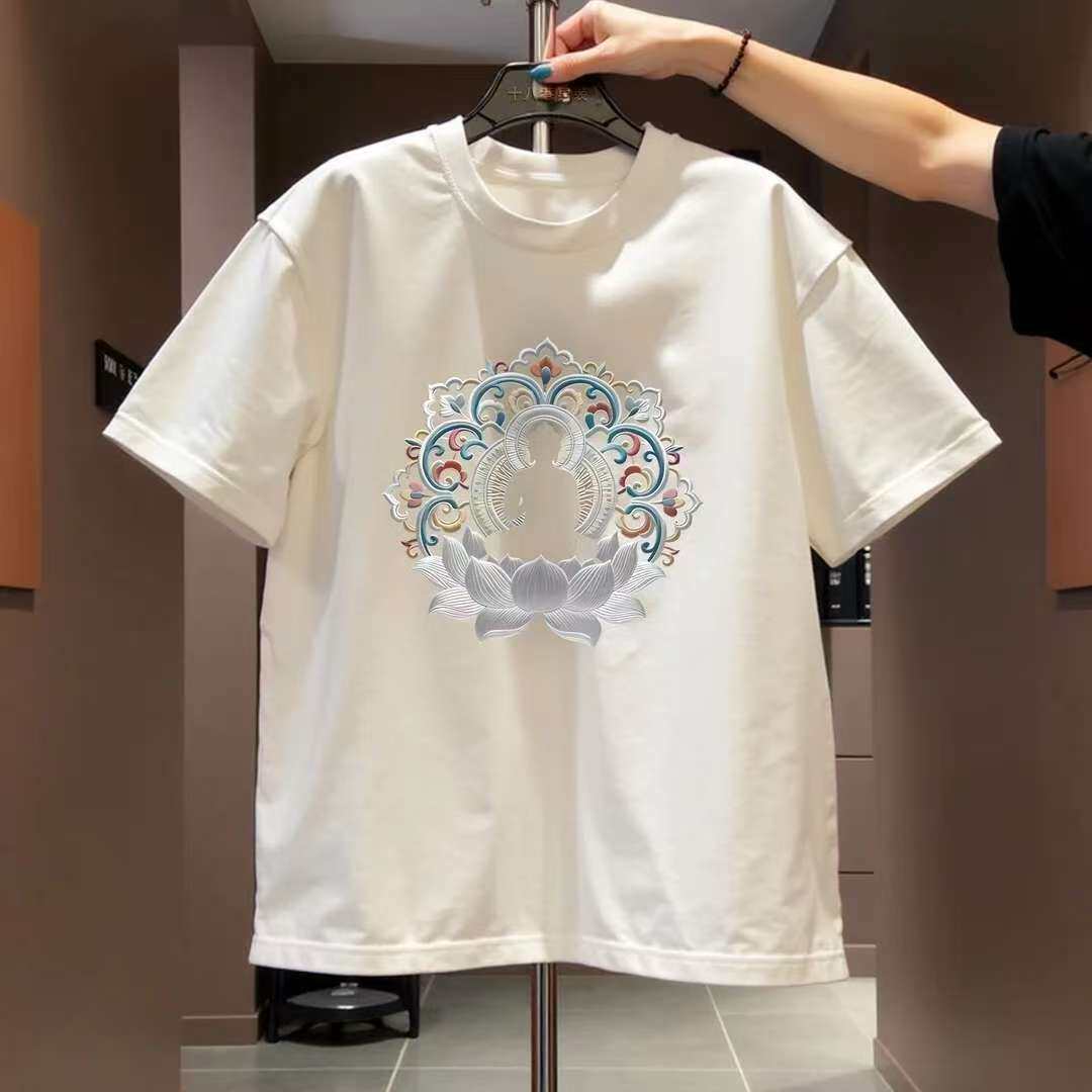 2026新款国潮佛像印花短袖T恤男士圆领纯棉修身百搭潮牌上衣体恤
