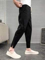 薄款潮牌韩版修身休闲裤子男士夏季潮流百搭哈伦裤痞帅开叉九分裤
