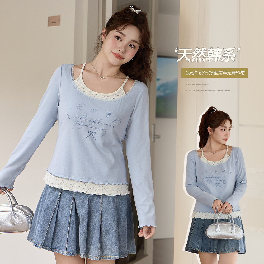 CHANGE大码女装胖mm假两件拼接印花上衣胖妹妹短款休闲长袖T恤,女装/女士精品,大码内搭,淘宝优惠券,粉丝福利购,淘宝优惠卷