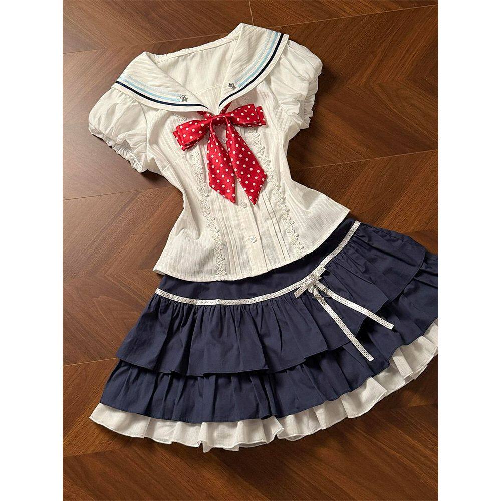 【沧蓝航屿】vintage复古日系JK制服海军领蝴蝶结上衣+短裙两件套