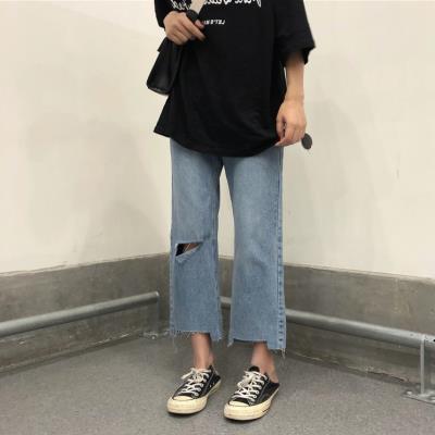 梨型身材显瘦裤子夏超火破洞牛仔裤九分今年流行的女生A胖妹妹穿.