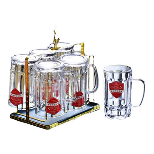 带把钢化玻璃杯子家用扎啤酒杯茶杯喝水6只北欧轻奢麋鹿杯架套装