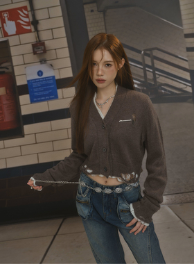 F1os 软糯慵懒灰色马海毛短款V领毛针织开衫女假两件小衫