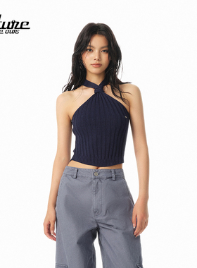 F1os 原创设计法式夏季新款小众黑色打结针织挂脖露脐短背心上衣