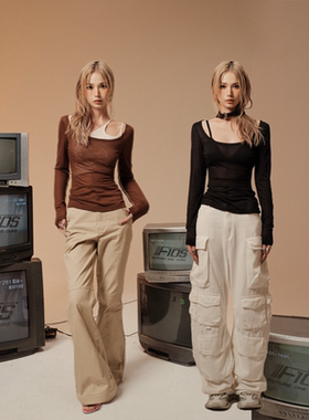 F1os 复古辣妹 小众设计感透视T恤女不规则镂空吊带上衣两件套