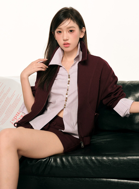 F1os 气质时尚套装女酒红色西装夹克短外套气质抽绳半身裙两件套