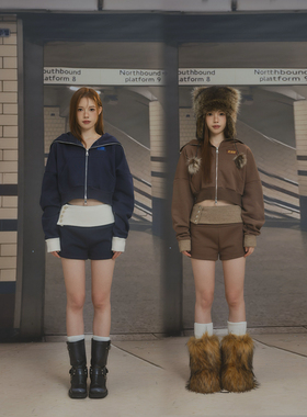 F1os时尚套装女短款炸街时髦知识份子软质棕色加绒卫衣套装