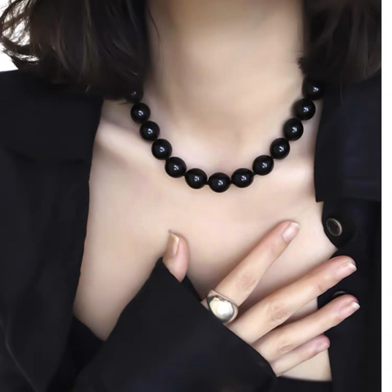 阿水同款黑玛瑙串珠纯银扣项链女生轻奢高级感黑色天然石锁骨链