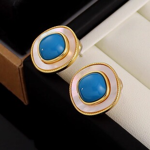 蓝松石天然贝母方形耳钉复古高级感小众轻奢简约气质银针耳钉