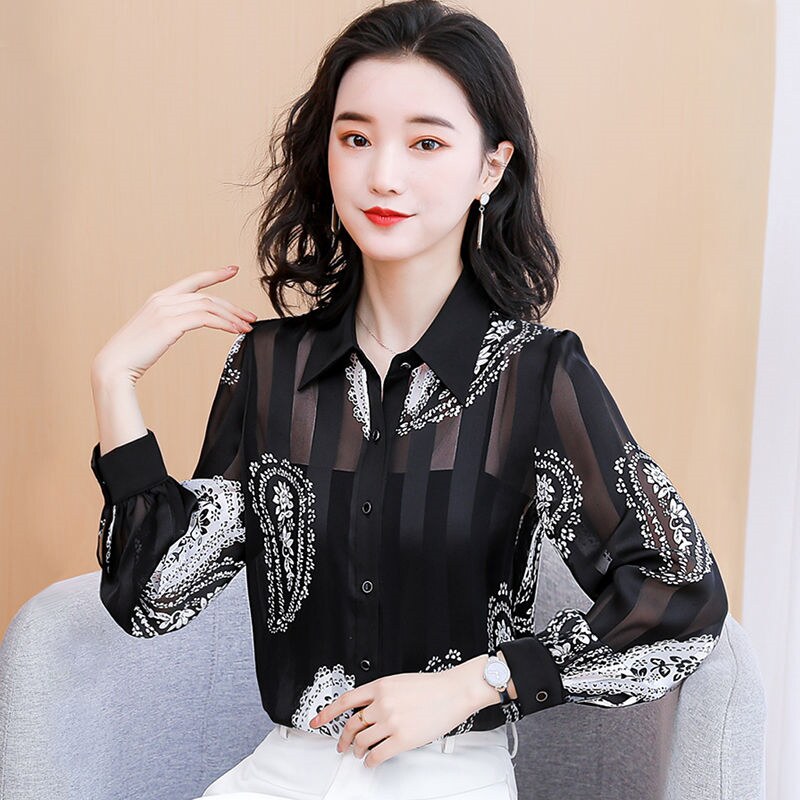 K8190印花雪纺衬衫女士春夏装2023年新款时尚polo领气质减龄上衣