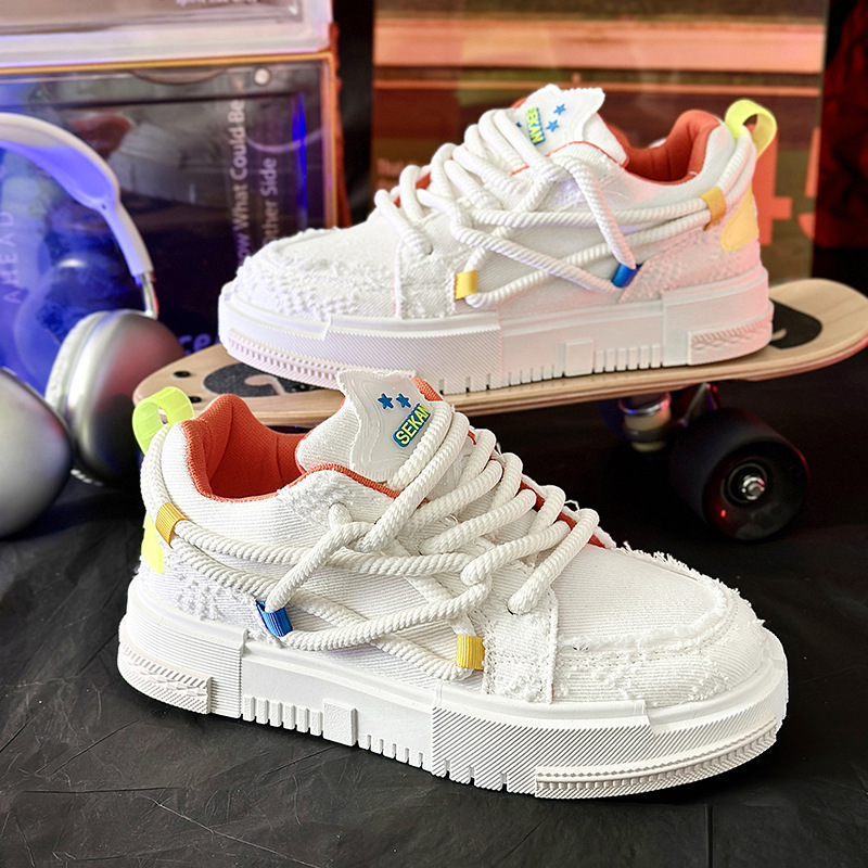 古雀文艺轻复古男鞋拼色潮流男士厚底板鞋春季新品2024百搭ins