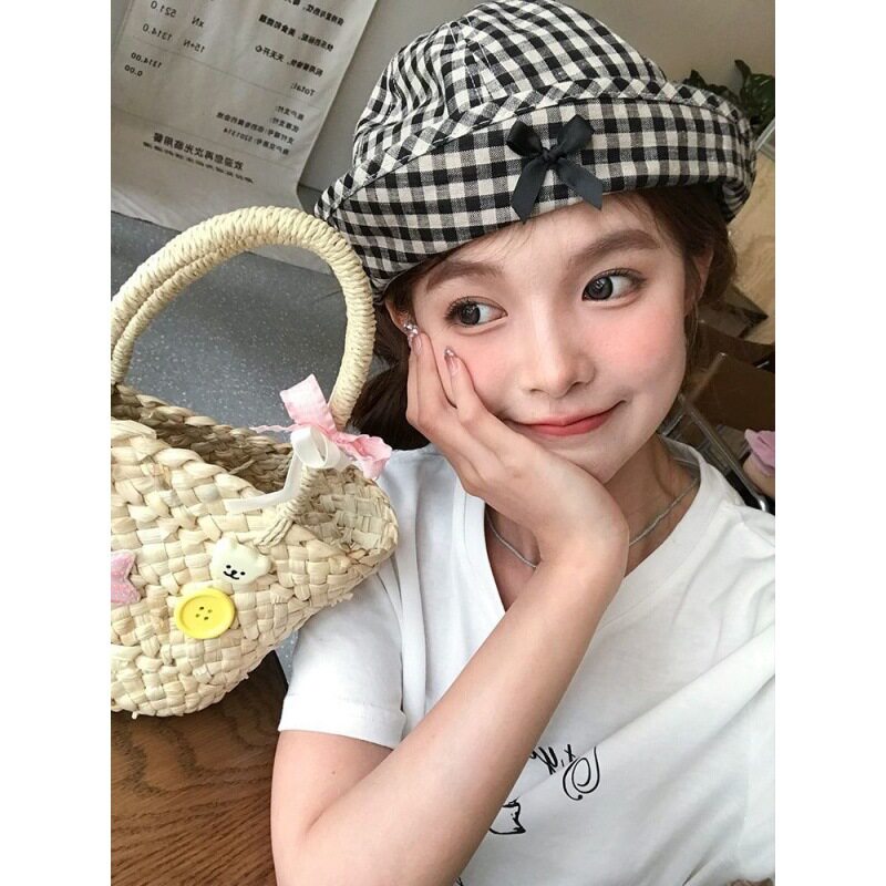 甜美翻檐帽蝴蝶结格纹渔夫帽子