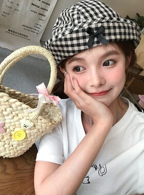 甜美翻檐帽蝴蝶结格纹渔夫帽子