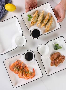 日式饺子盘家用盘子带醋碟创意陶瓷寿司盘子母盘水饺盘方形微波炉