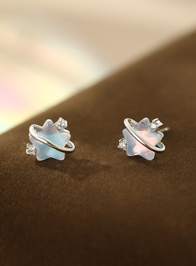 阿宝S999足银蓝色星星星球耳钉小众甜美设计简约韩风耳饰跨境代发