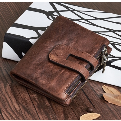 2020 new double zipper three fold Wallet mens short soft face wallet oil wax leather casual wear-resistant small handbag