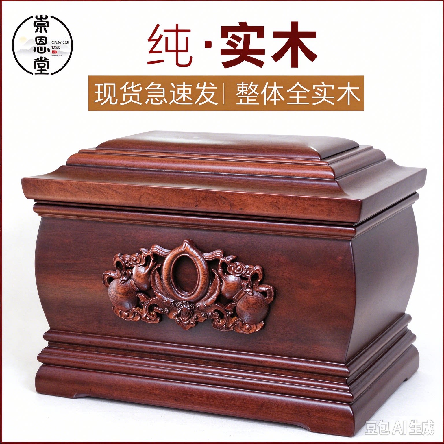崇恩堂骨灰盒实木福禄寿红檀木迁坟防潮寿盒男女款殡葬用品