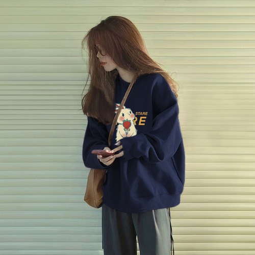 藏蓝色卫衣女圆领2025新款爆款春秋季薄款外套秋冬加绒加厚上衣