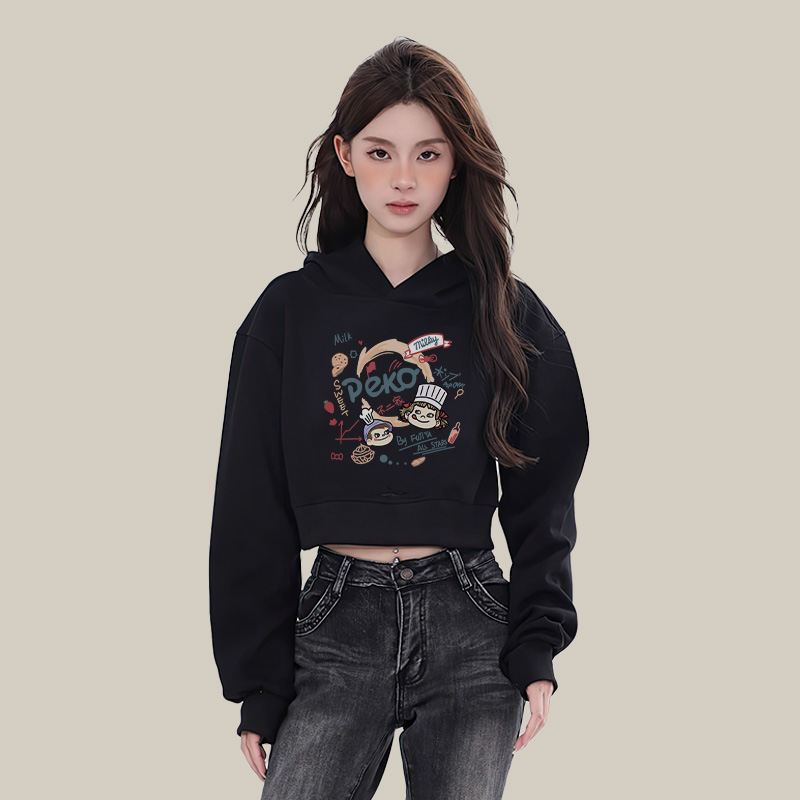 小个子短款卫衣女连帽2025新款设计感小众纯棉黑色宽松春秋薄上衣