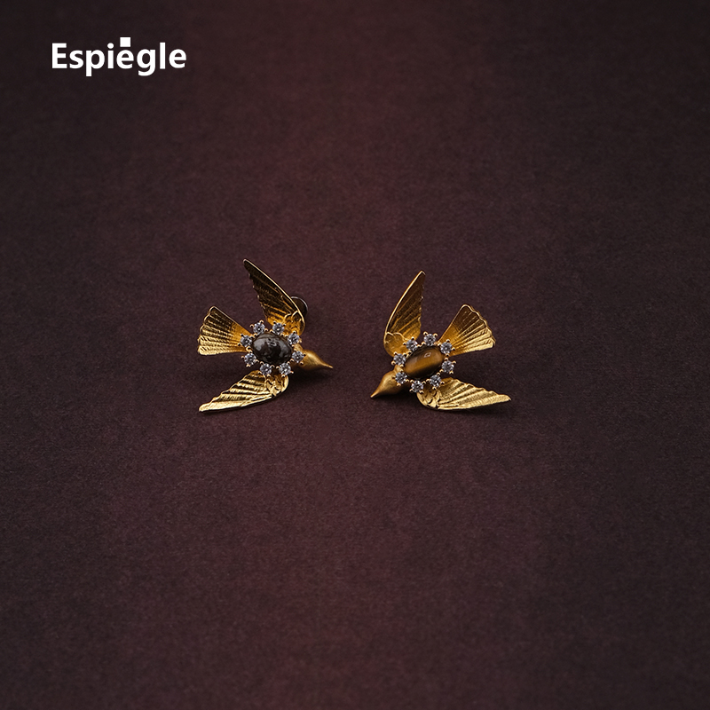 Espiegle辉夜自由体操系列天然虎眼野马石24k金小鸟耳钉