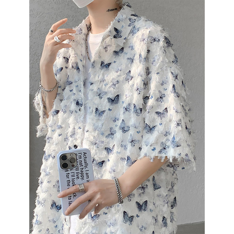 流苏蝴蝶碎花短袖衬衫男夏