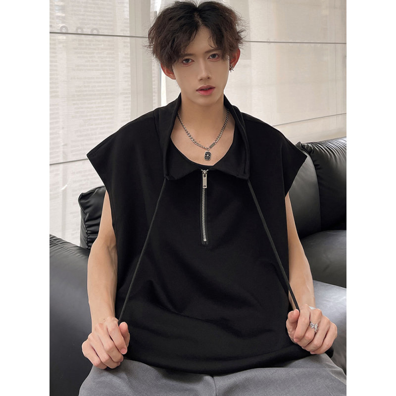 美式重磅半拉链短袖背心男款