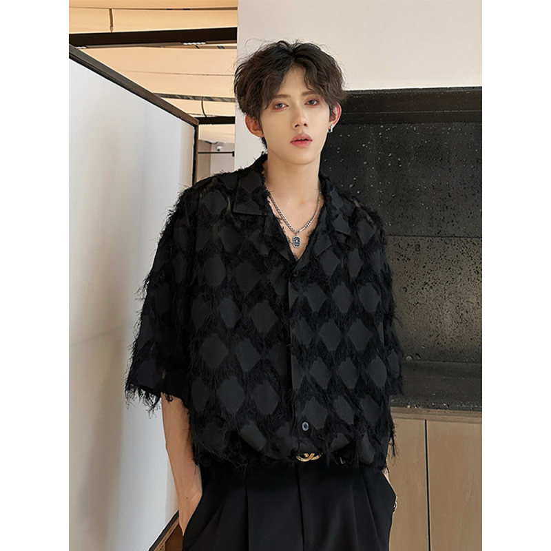 流苏毛边短袖衬衫男款夏季