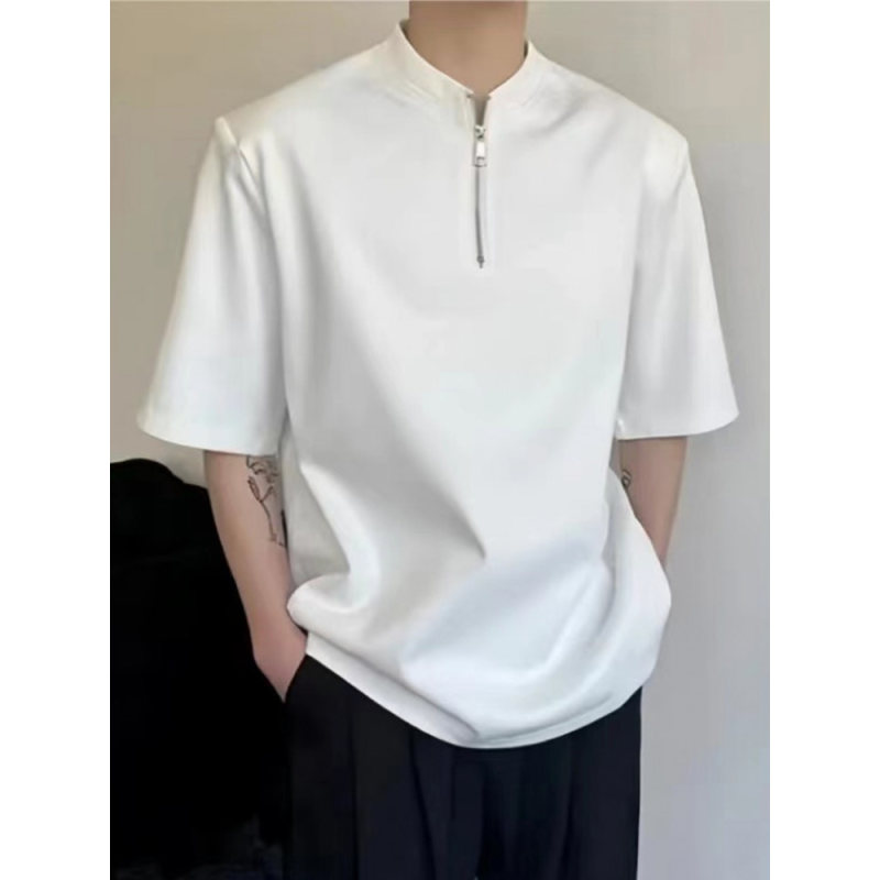 白色纯棉垫肩短袖T恤男
