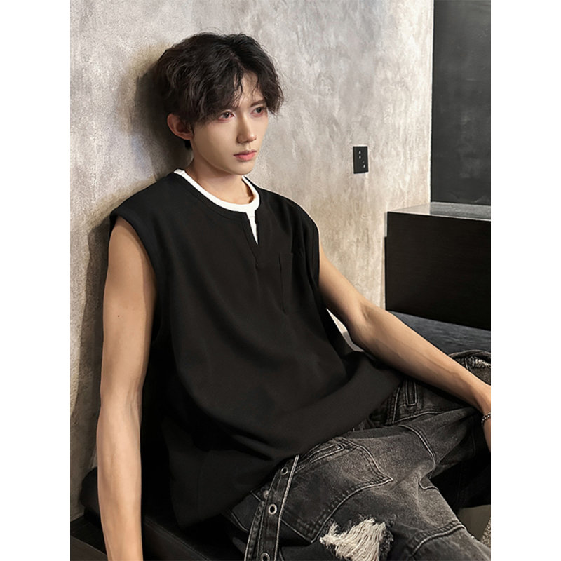 假两件拼接V领无袖t恤男夏