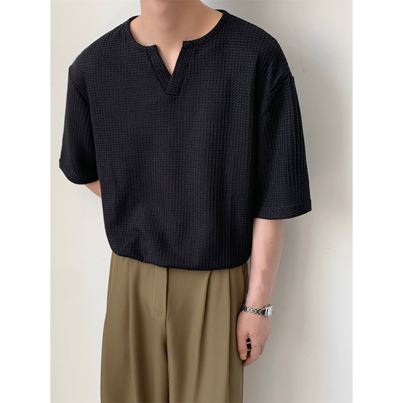 华夫格V领设计感短袖男轻熟风