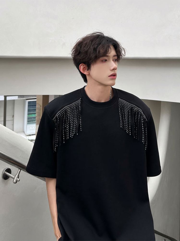 小众设计流苏垫肩短袖男夏季