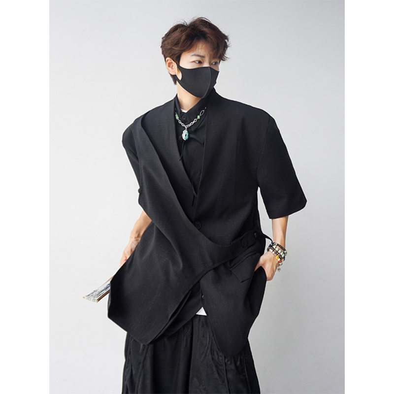 高级感假两件垫肩短袖西装