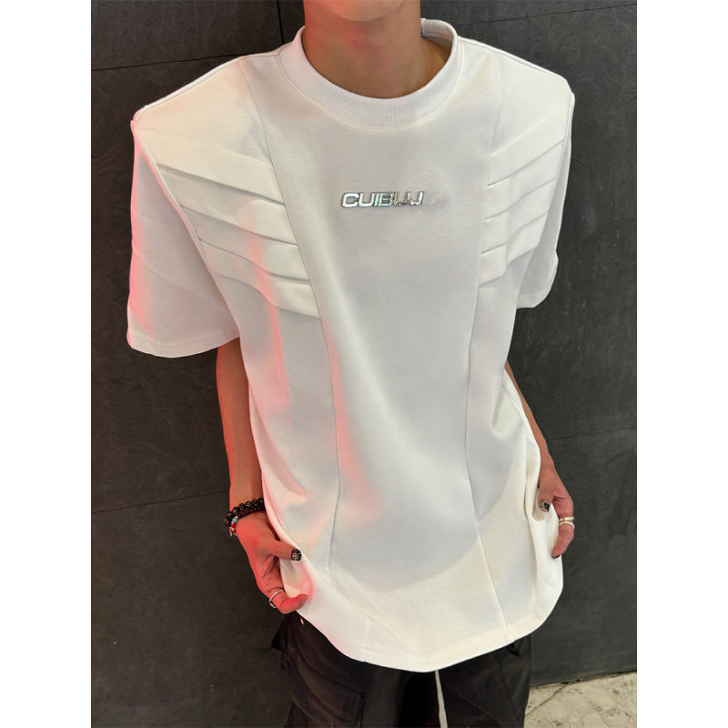 金属字母设计鲨鱼腮垫肩短袖夏