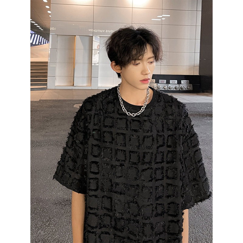 格子流苏毛边短袖t恤男