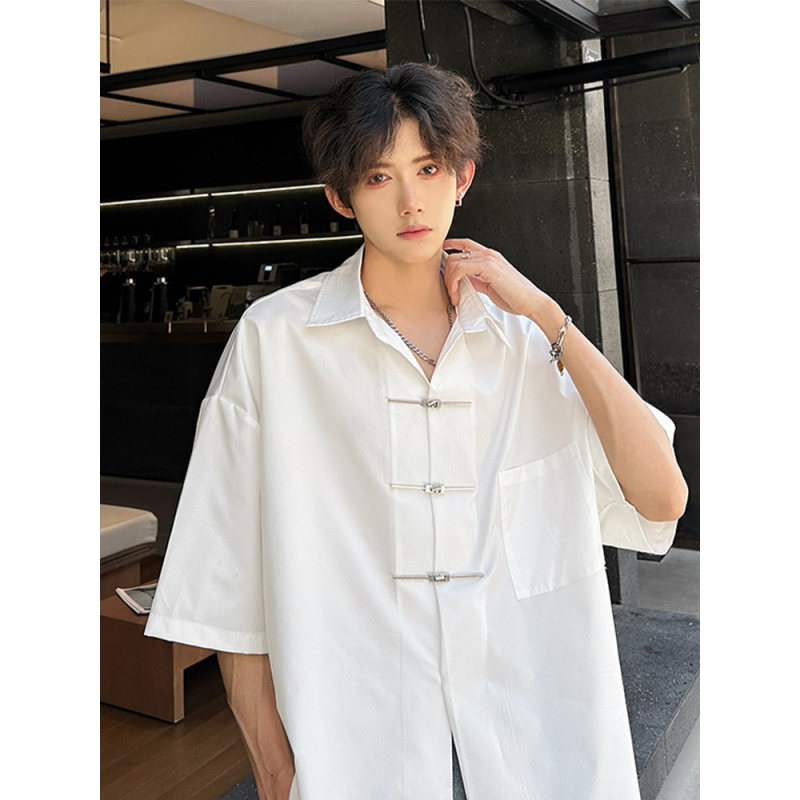 新中式纯白色半袖衬衫男