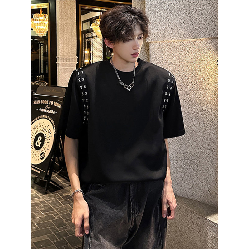 小众设计感金属垫肩重磅短袖