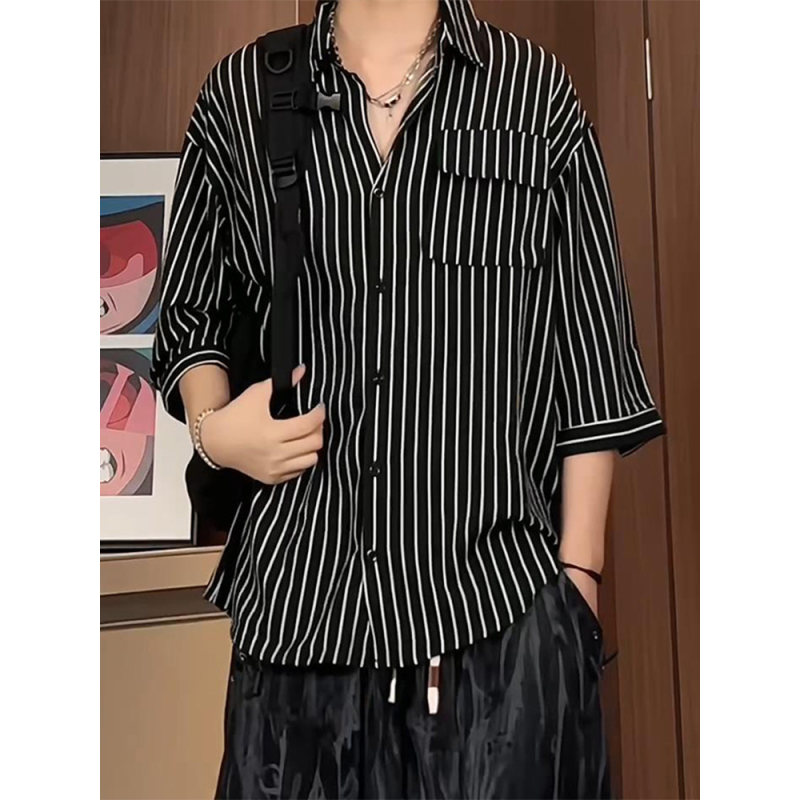 黑白竖条纹七分袖衬衫男