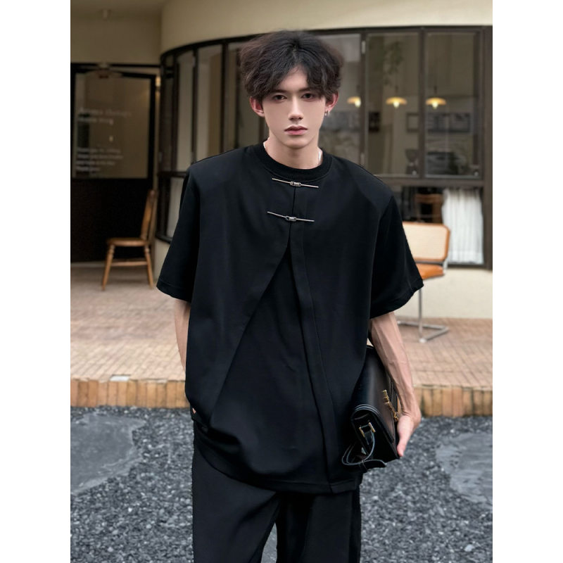 新中式金属盘扣解构垫肩t恤