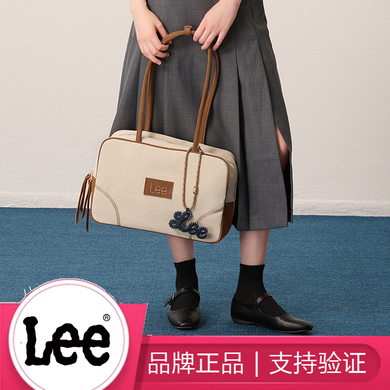 Lee牛仔帆布波士顿包大学生上课通勤包单肩大容量保龄球女包